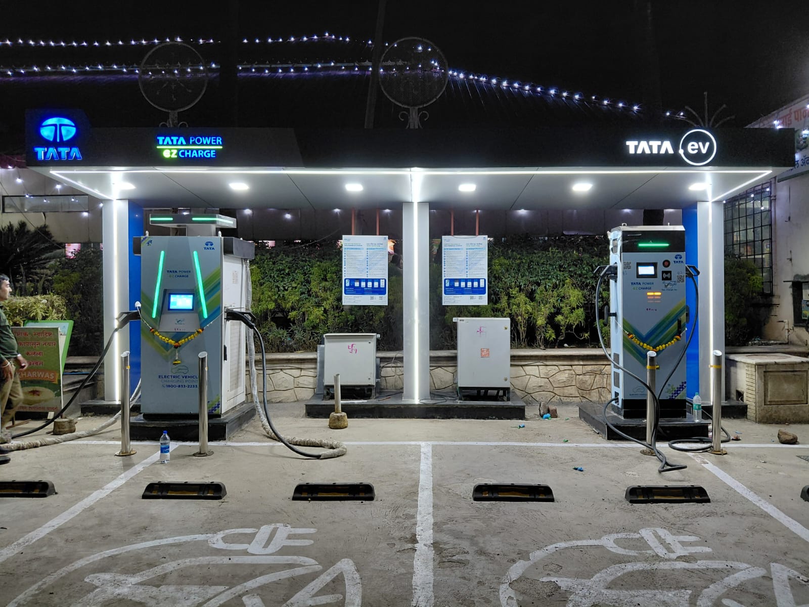 Tata Power EZ Charge station operating at night
