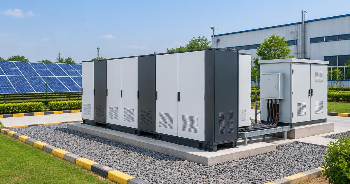 Illustration of modular battery energy storage cabinets alongside solar panels