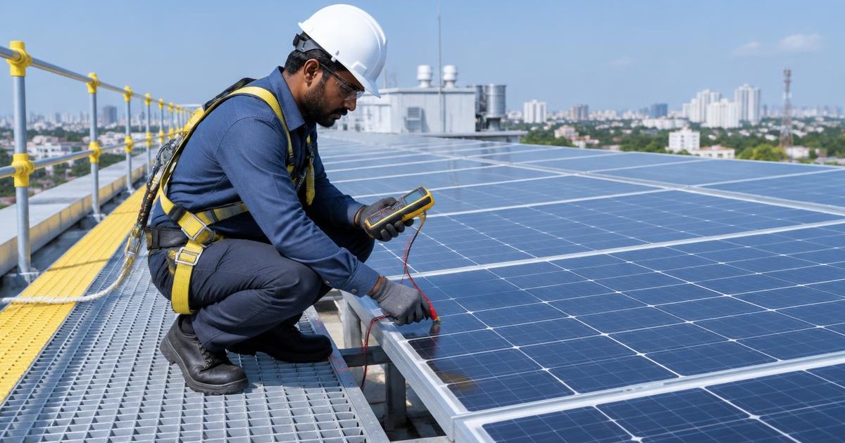 Illustration of a technician inspecting a rooftop solar panel