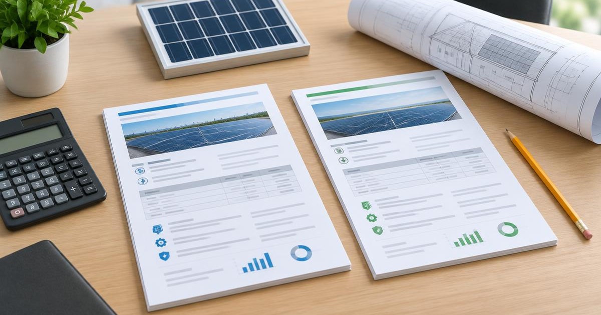 Illustration of solar proposals, roof plans and a calculator