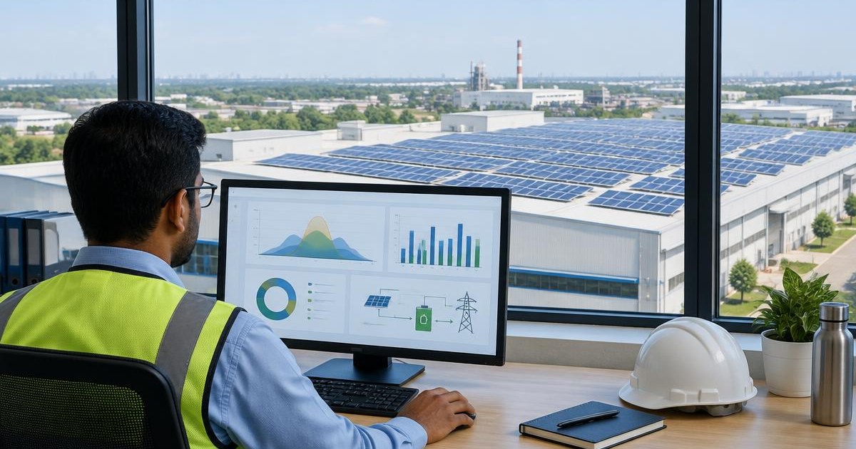 Illustration of a facility engineer reviewing energy charts beside a solar rooftop